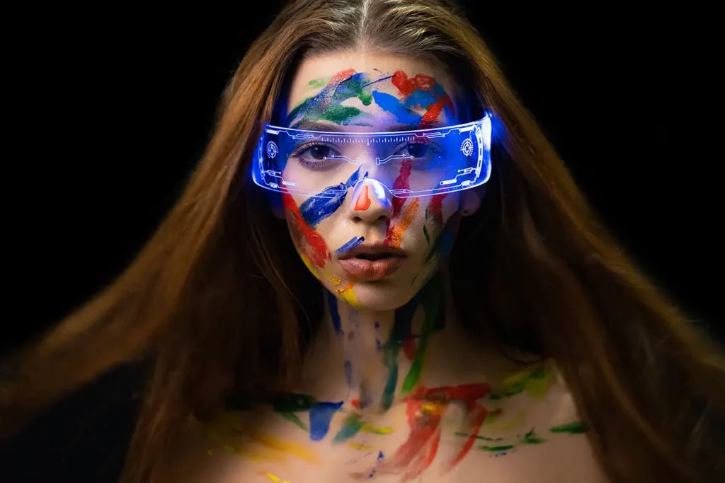 a woman wearing AI glasses and with body paint on her face and neck